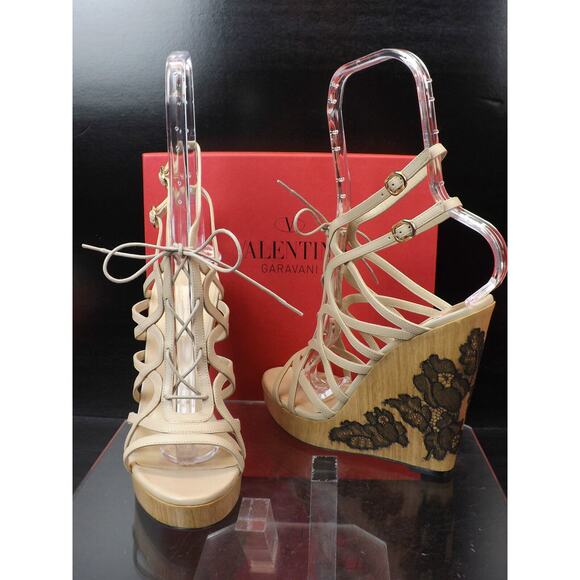 NIB VALENTINO NUDE LEATHER CAGE LACE UP WOODEN LACE WEDGES SANDALS 40 $1095 - Picture 2 of 12